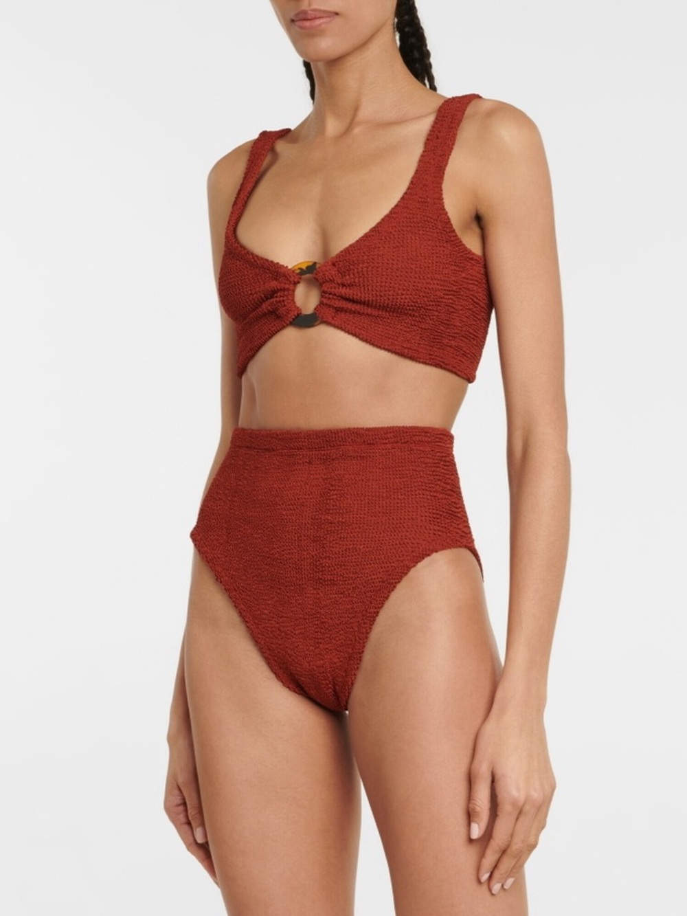 Hunza G Bikini Set Nadine Red High Waist Metallic Chestnut Loop Crinkle Stretch